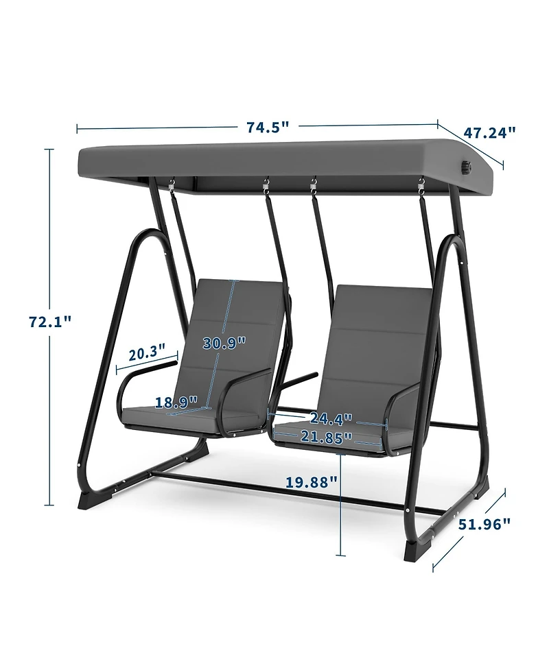 Homfan 2 Person Patio Swing with Adjustable Canopy, Removable Cushions, Heavy Duty Steel Frame, Weather Resistant Design
