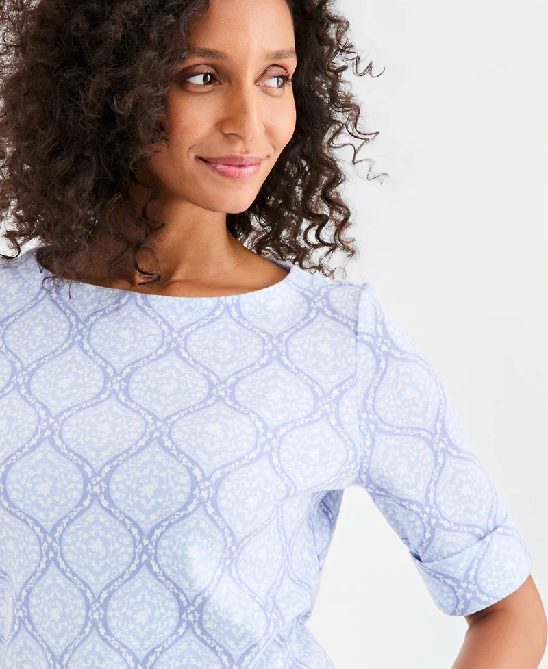 Style & Co Petite Printed Boat-Neck Elbow-Sleeve Top, Macy's Exclusive