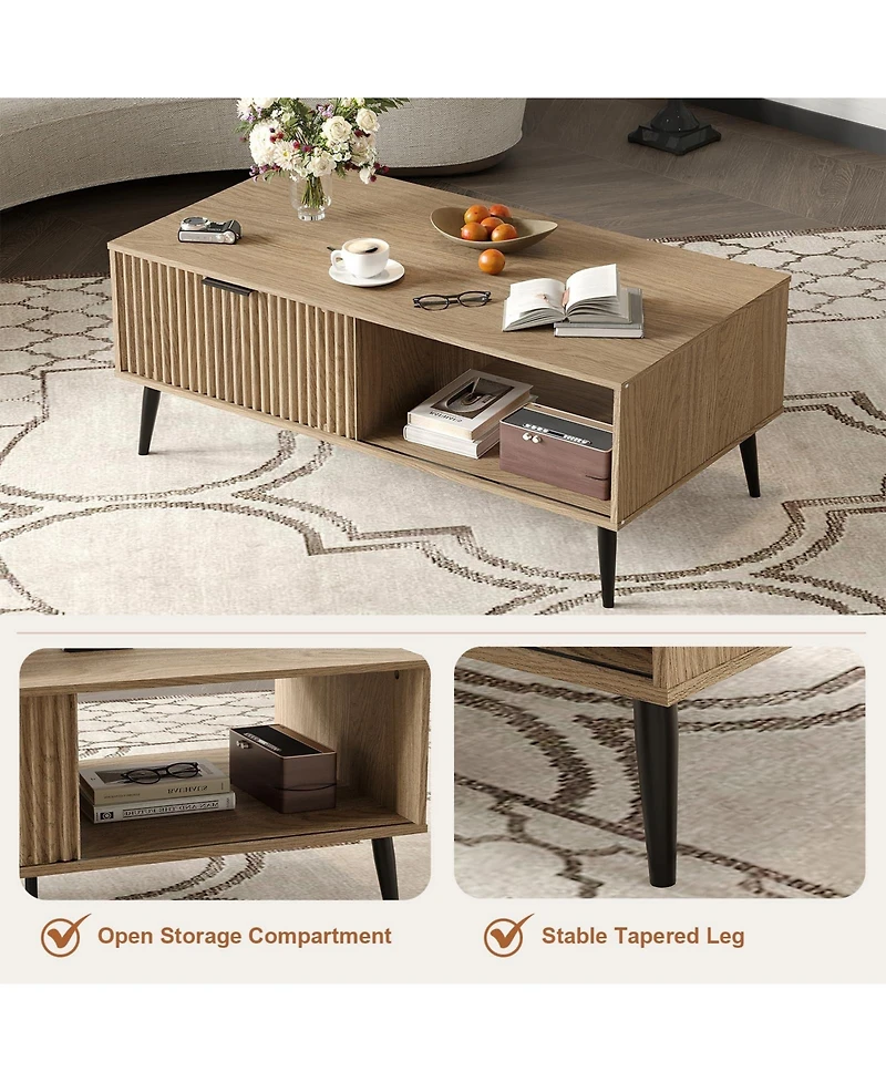 Homfan Coffee Tables for Living Room, Farmhouse Center Table with Hidden Storage and Fluted Sliding Door, Dining Table for Home Apartment Office