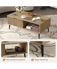 Homfan Coffee Tables for Living Room, Farmhouse Center Table with Hidden Storage and Fluted Sliding Door, Dining Table for Home Apartment Office