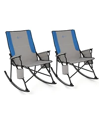 Arrowhead Outdoor 2-Pack Foldable Rocking Camp Chair, Xl Cup Holder, Side Pocket, Space-Saving Folding, Swinging Rocker, Camping, Fishing, Patio, Blue