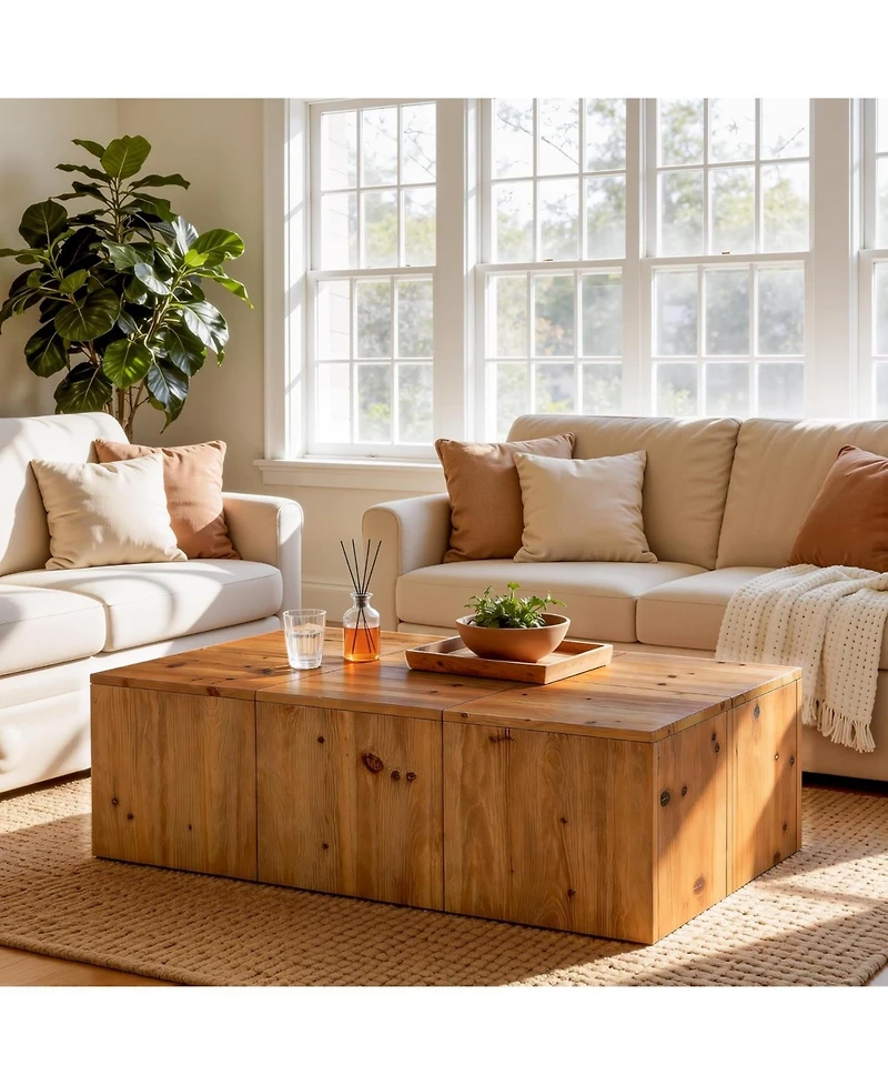 Tribesigns 47-inch Rectangle Solid Wood Block Coffee Table, Retro Style