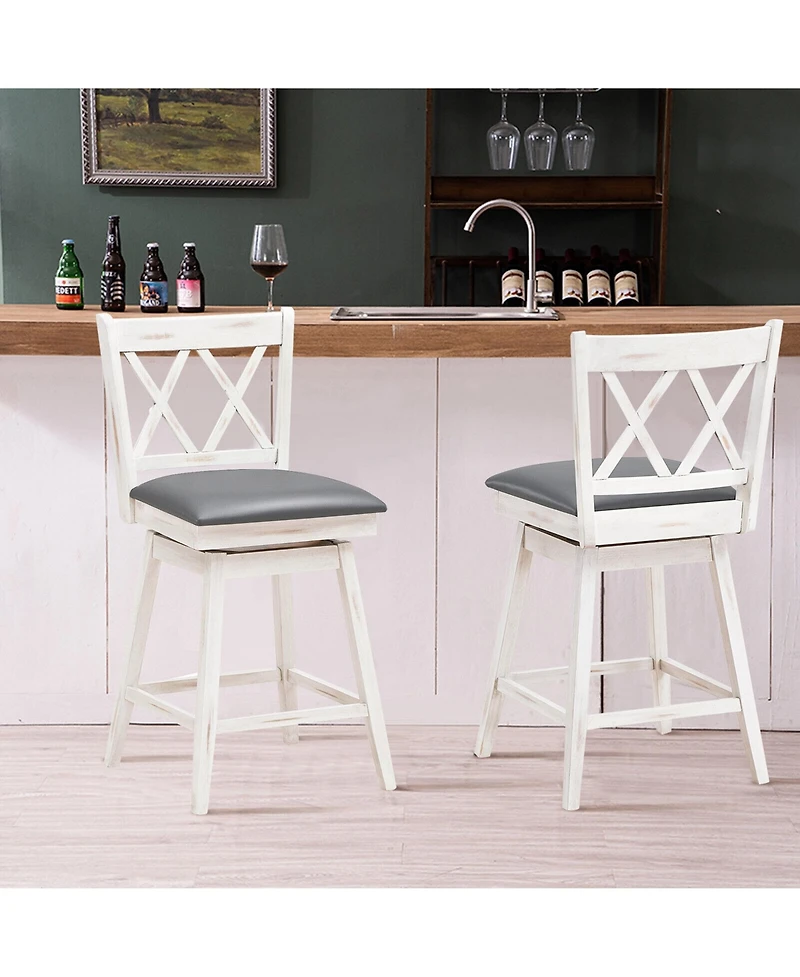Gymax Set of Barstools Swivel Counter Height Chairs with Rubber Wood Legs