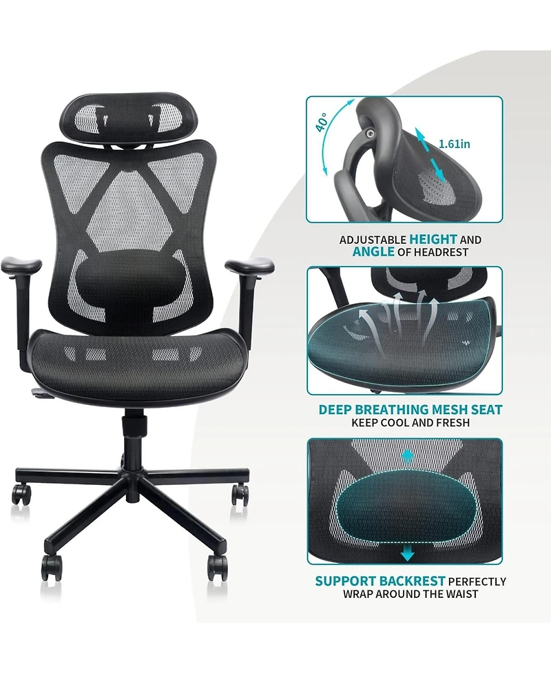 Flynama Mesh Office Chair with Mute Wheel,Adjustable Lumbar Headrest Chair