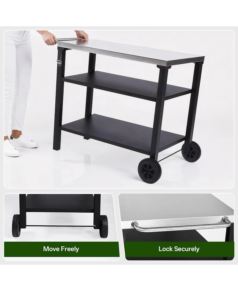 Flynama 3-Tier Black Outdoor Grill Cart with Stainless Steel Top