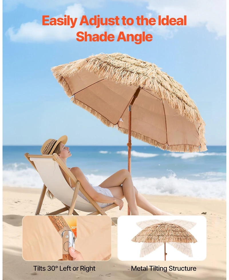 Gouun 6.5 ft Thatched Tiki Patio Umbrella with 30-Degree Tilt and 8 Metal Ribs