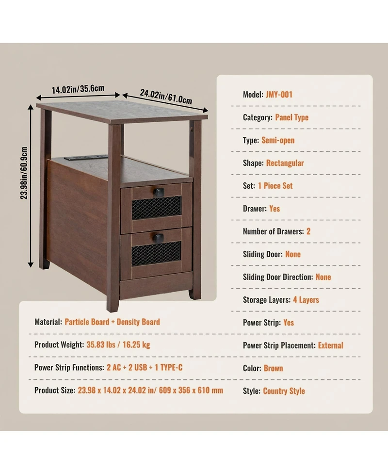 Gouun Farmhouse End Table with Charging Station, 4-Tier Storage, 23.98 x 14.02 x 24.02 in