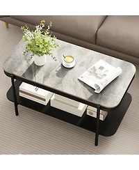 Gouun 2-Tier Sintered Stone Top Rectangular Coffee Table with Metal Frame, 35.5 in
