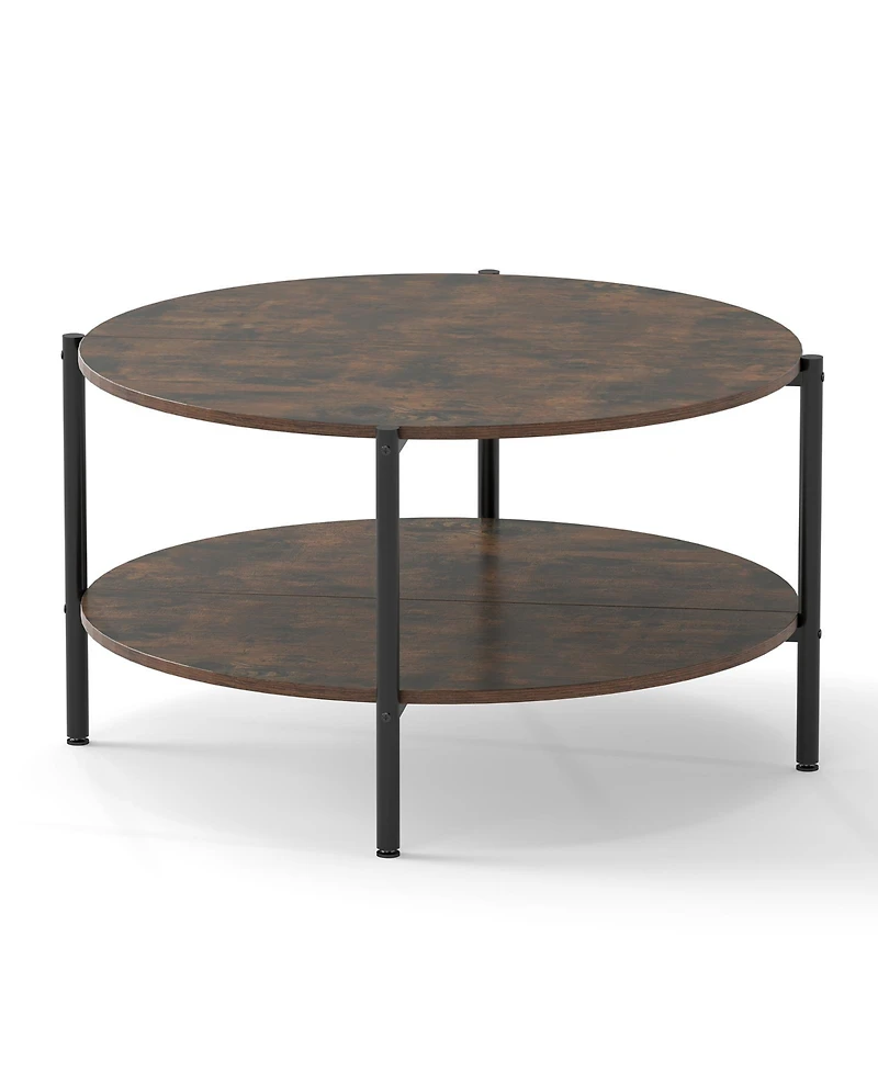 Gouun 33.5 in Round 2-Tier Industrial Coffee Table with Open Shelf and Metal Frame