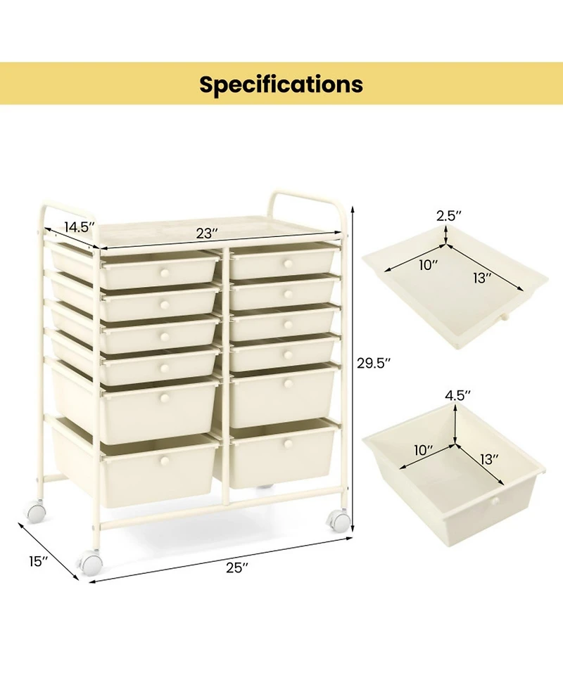 Gouun 12-Drawer Multi-Purpose Rolling Cart with Removable Drawers and Top Storage