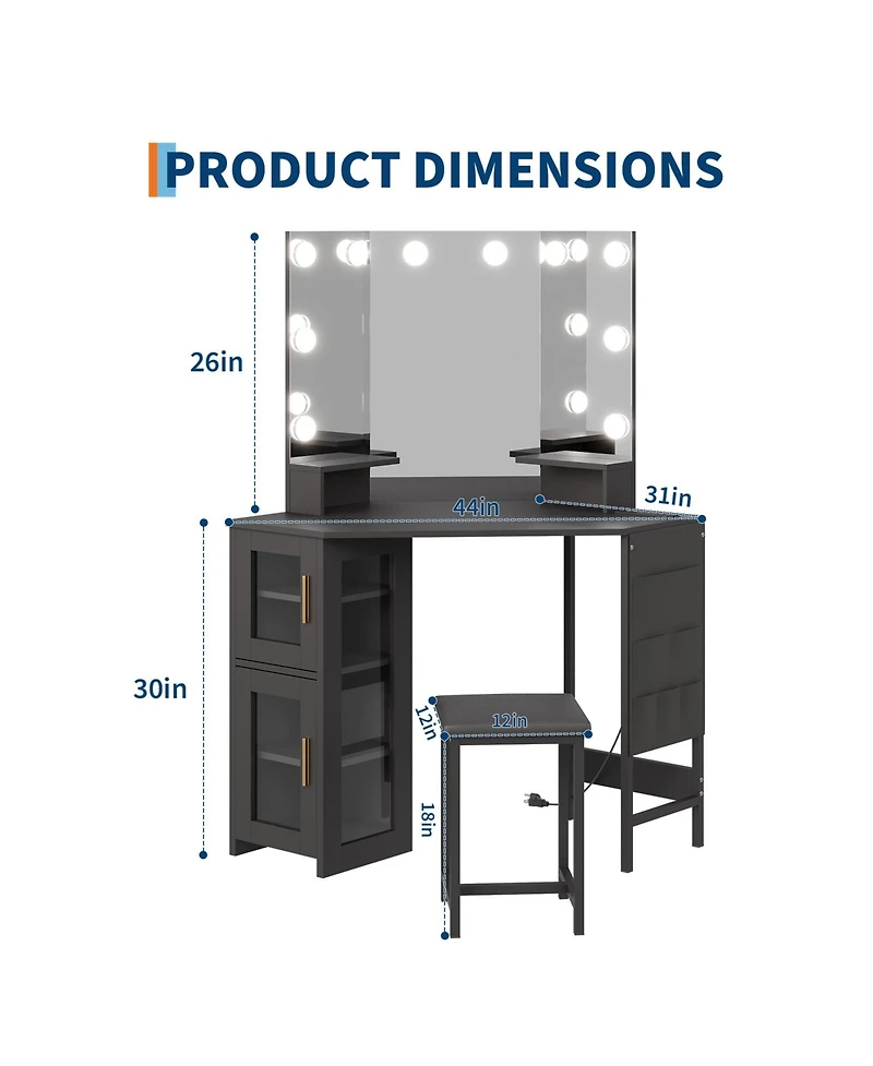 Homfan Space-Saving Corner Vanity Desk and Stool Set for Bedroom - Lighted Mirror, Charging Station, Storage Cabinet