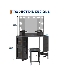Homfan Space-Saving Corner Vanity Desk and Stool Set for Bedroom - Lighted Mirror, Charging Station, Storage Cabinet