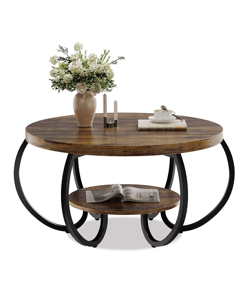 Homfan Modern Industrial 30" Round Coffee Table - 2-Tier Wood and Metal with Open Shelf, Adjustable Feet, Living Room Furniture