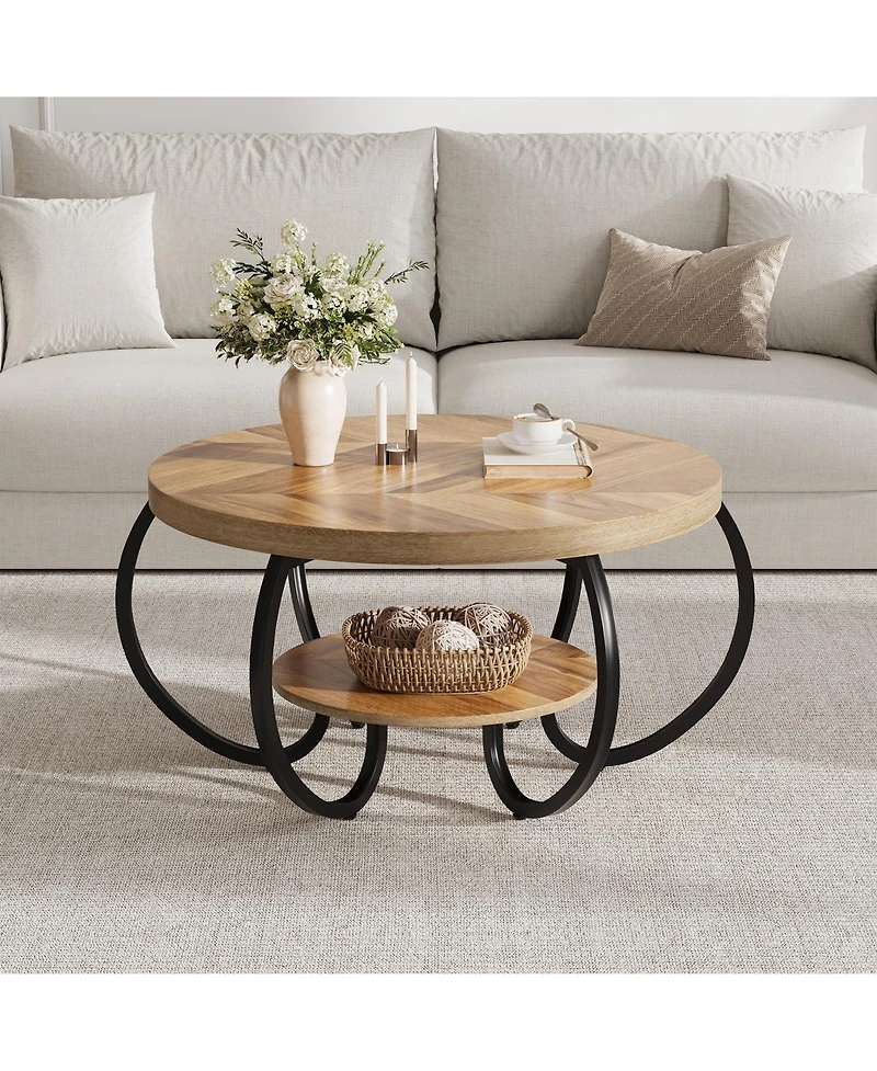 Homfan Modern Industrial 30" Round Coffee Table - 2-Tier Wood and Metal Table with Open Shelf, Adjustable Feet, Living Room Furniture