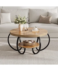Homfan Modern Industrial 30" Round Coffee Table - 2-Tier Wood and Metal Table with Open Shelf, Adjustable Feet, Living Room Furniture