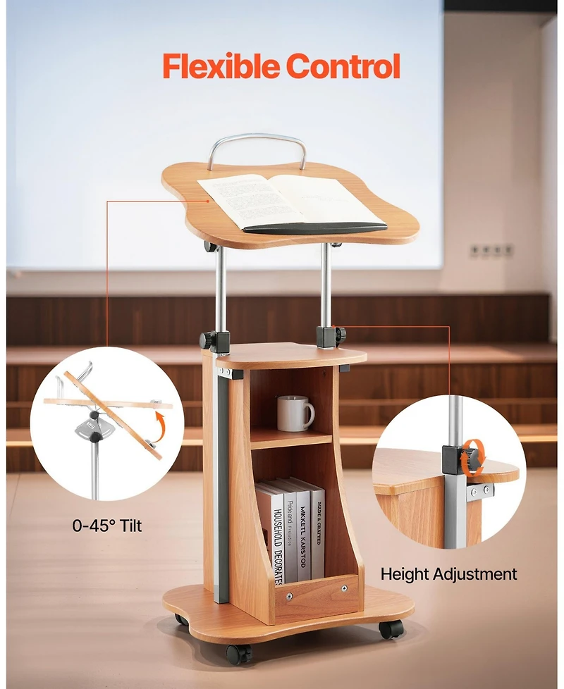 Gouun Wooden Podium with Lockable Wheels, Height Adjustable