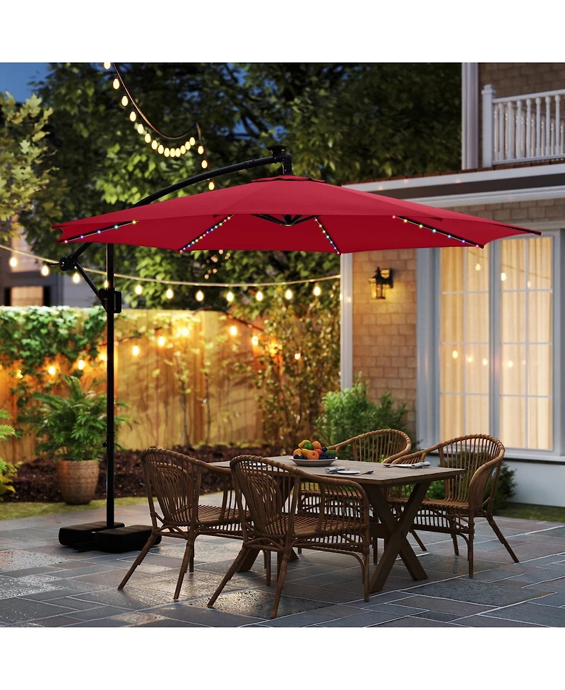 Gouun 10 ft Solar Offset Hanging Patio Umbrella with Base, 96 Led Lights and 360-Degree Rotation