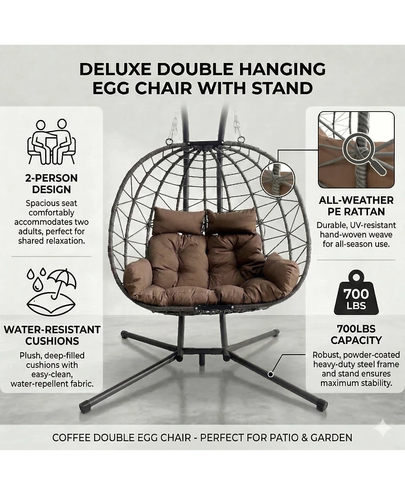 Rainsken Oversized 2-Seater Hanging Egg Chair with Stand and Cushions, Double Swing Chair for Indoor and Outdoor Use in Bedroom, Balcony and Garden