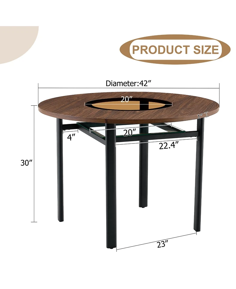 Rainsken 42" Round Dining Table with Wood-Grain Mdf Top and Glass Inlay, Minimalist Table with Storage Shelf for Small Spaces