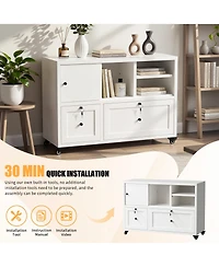 Rainsken Metal Filing Cabinet with Lock, 2-Drawer File Cabinet with Open Storage Shelves and Full-Extension Slides, Holds A4/Legal/Letter Files