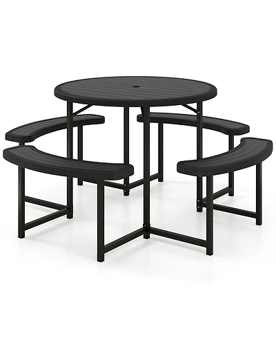 Sugift Round Picnic Table Bench Set with 4 Benches and Umbrella Hole for Patio Outdoor