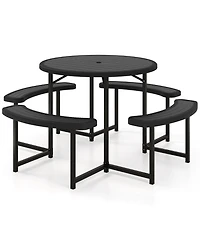 Sugift Round Picnic Table Bench Set with 4 Benches and Umbrella Hole for Patio Outdoor