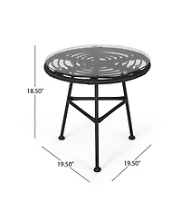 Mondawe Outdoor Side Table with Tempered Glass Top and Faux Rattan