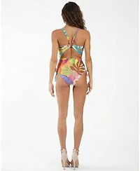 La Moda Clothing Women's Tropical Print Wrap V-Neck One-Piece Swimsuit with Side Tie Detail