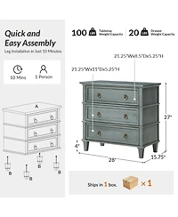 Hulala Home Allisa 28"W 3-Drawer Solid Wood End Table with Built-in Charging Station
