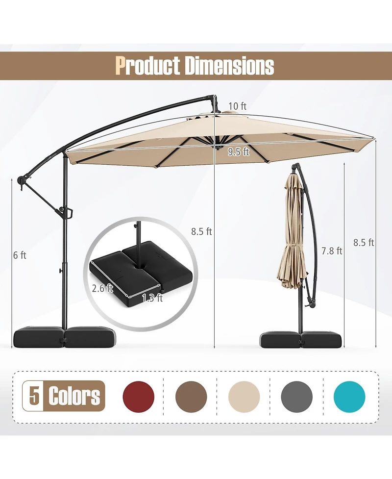 Gouun 10 ft Offset Cantilever Patio Umbrella with Base, Infinite Tilt and 360 Rotation