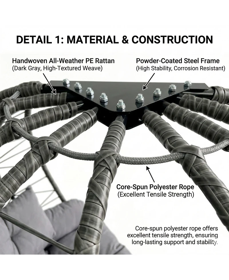 Rainsken Double Hanging Egg Chair, Oversized 2-Person Indoor Outdoor Hammock Swing Chair with Stand and Cushions for Bedroom, Balcony, Garden