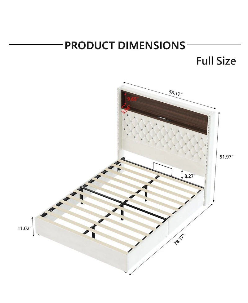 Lucky One Full Size Velvet Tufted Soft Bed Frame with Usb Port and Night Light