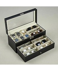 Yigii Leather 6 Watch Box 9 Eyeglasses Storage Lockable Organizer Two Levels Clear Glass Top