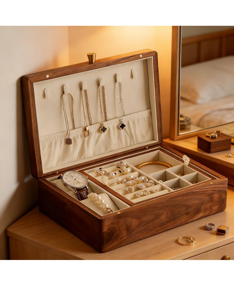Yigii Black Walnut Solid Wooden 2 Layer Jewelry Organizer with Removable Tray Velvet Interior Magnet Closure Gift for Women