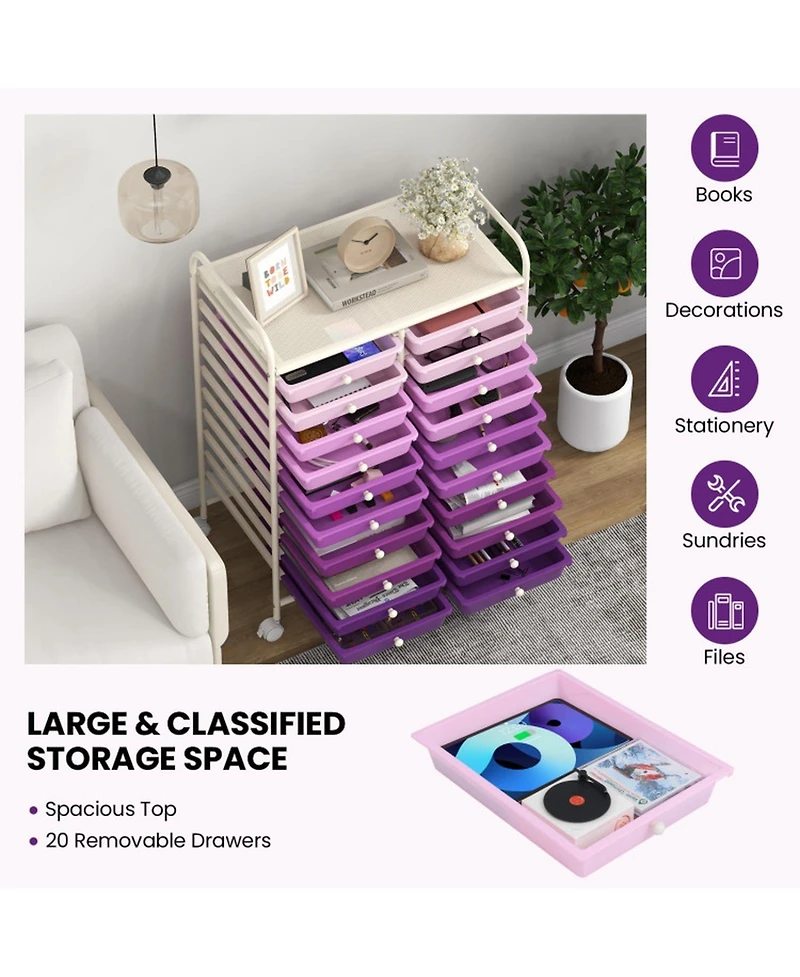 Gouun 20-Drawer Rolling Studio Organizer Cart with Transparent Drawers