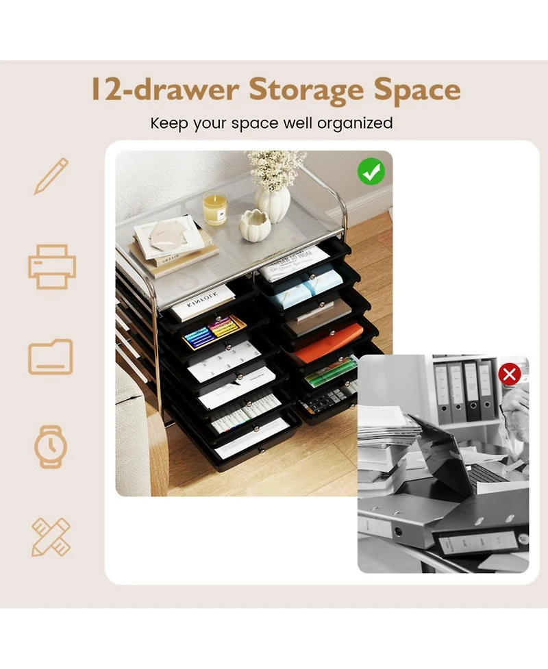 Gouun Steel-Frame 12-Drawer Rolling Organizer with Locking Casters for Home and Office