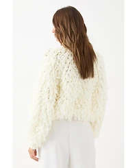 MissPap Women's Zip Up Cream Fringe Loop Cardigan