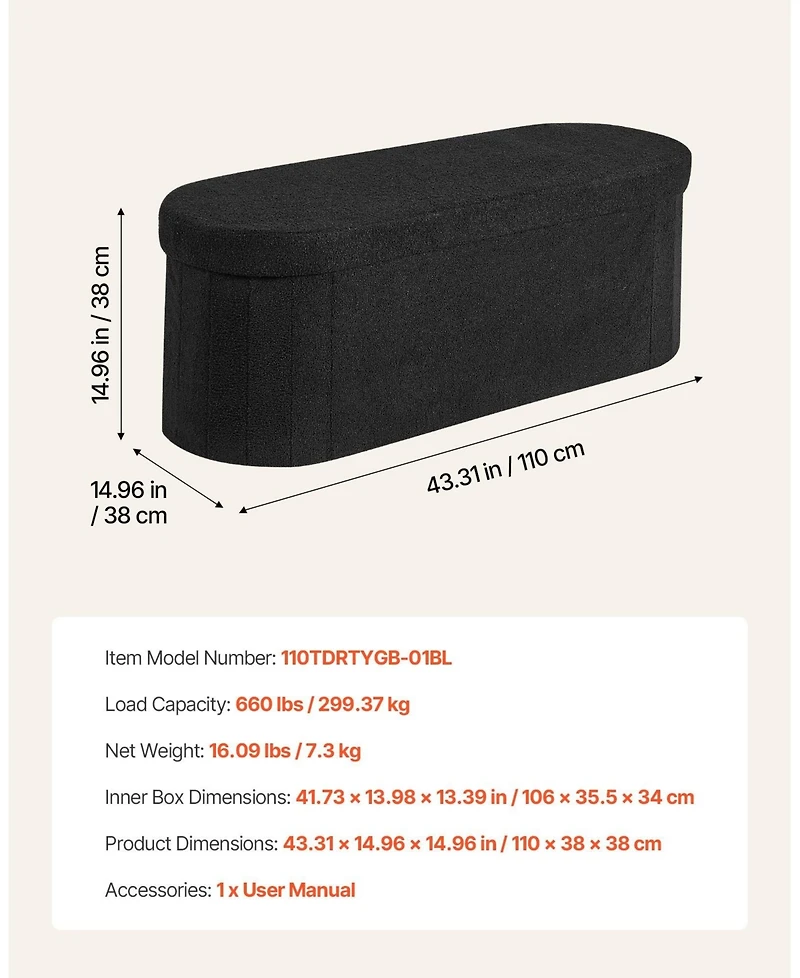 Sugift Oval Storage Ottoman Bench, Foldable Teddy Fleece End of Bed Bench, 660 lbs Capacity