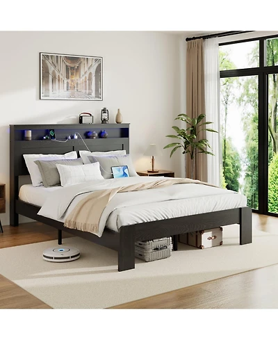 Lucky One Bed Frame King Size, Wood Platform Bed Frame with Storage Led Light Headboard and 2 Usb