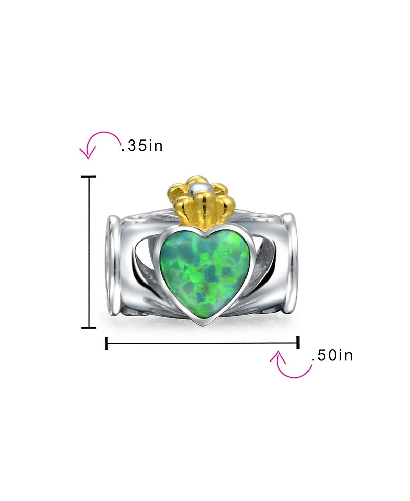 Bling Jewelry Created Green Opal Heart Claddagh Charm Bead .925 Sterling Silver for Bracelet