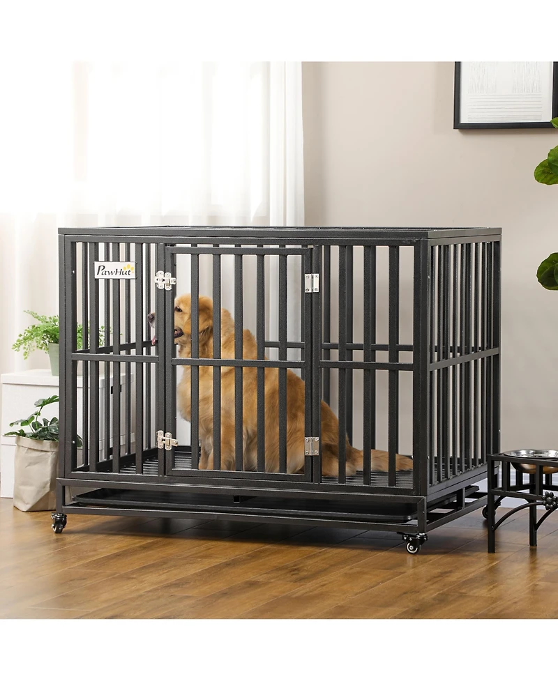 Aostirmotor Heavy Duty Metal Dog Crate Kennel with Lockable Wheels, Slide-Out Tray and Anti-Pinch Floor