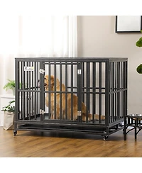 Aostirmotor Heavy Duty Metal Dog Crate Kennel with Lockable Wheels, Slide-Out Tray and Anti-Pinch Floor
