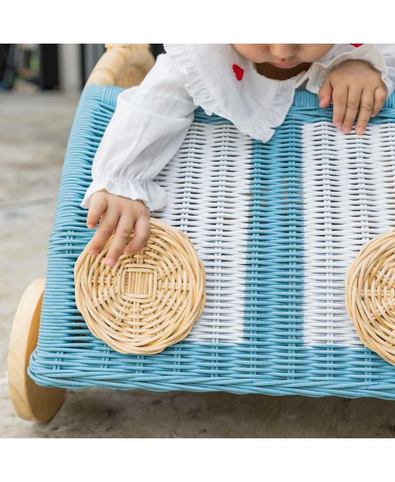 Momiji Archie Handcrafted Rattan Storage Wicker Wagon with Wooden Wheels