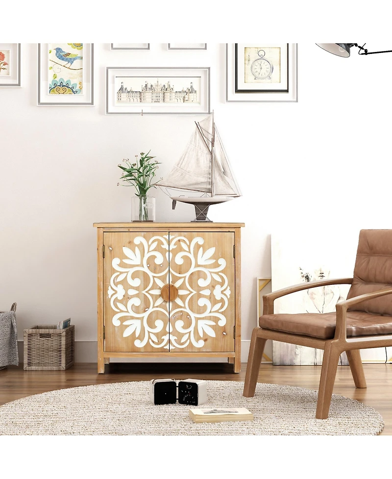 Flynama Rustic Wooden Accent Cabinet Floral Carved 2 Door Storage For Living Room Entryway