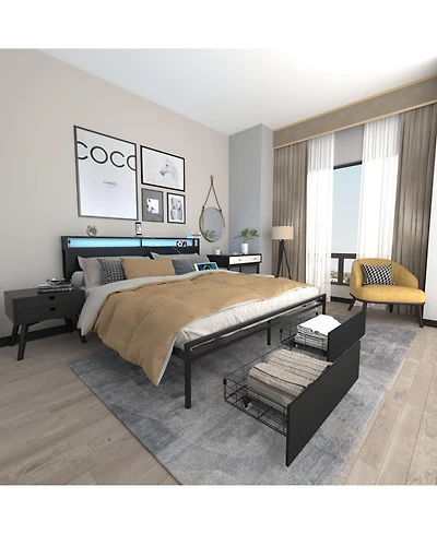 Lucky One King Bed Frame, Storage Headboard with Charging Station, Solid and Stable, Noise Free