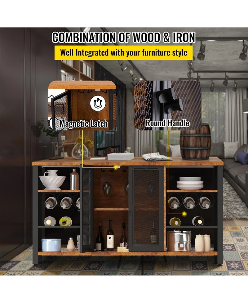 Gouun Industrial Bar Cabinet with Wine Racks and Glass Holders, Metal Mesh Door Sideboard