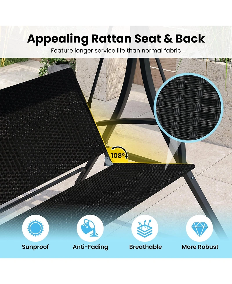 Gouun 3-Person Canopy Porch Swing with Stand, Wicker Seat Back, 1000 lbs Capacity, 75.5 x 65 in