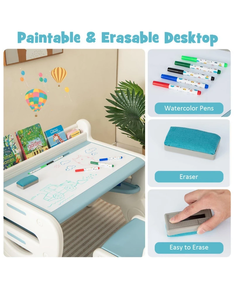 Gouun Kids Drawing Table and Chair Set with Erasable Graffiti Desktop and Built-In Storage