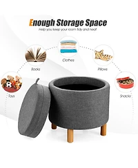 Gouun Round Fabric Storage Ottoman with Removable Tray Lid and Wood Legs