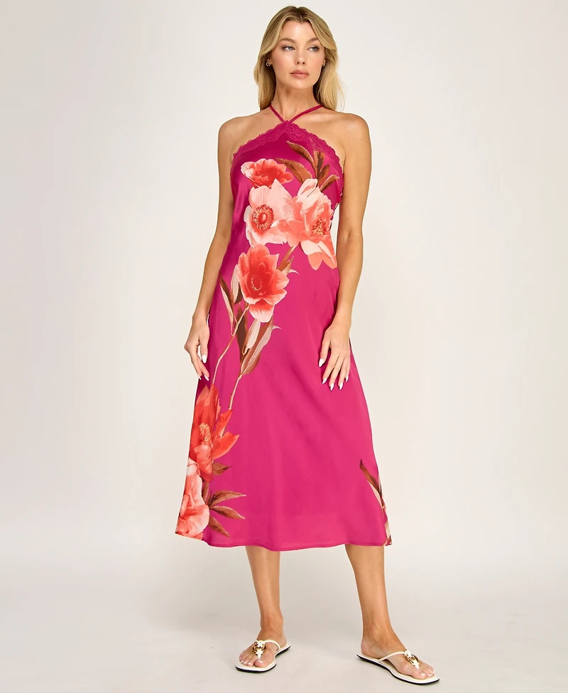 Row A Women's Printed Halter Neck Scallop Trim Midi Dress